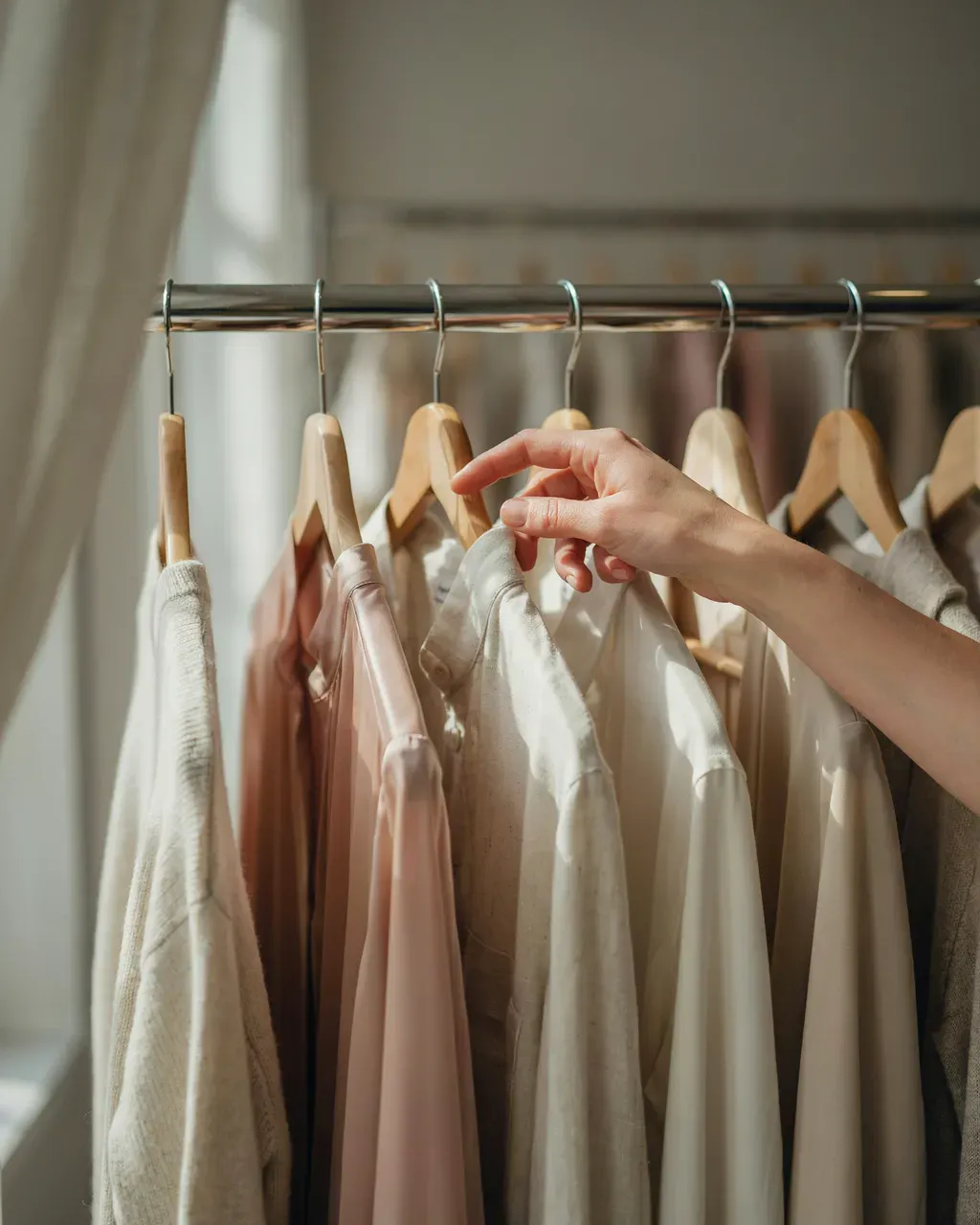 Hands browsing clothes on a rack