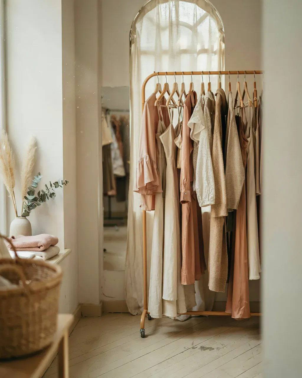 A rack of curated secondhand pieces in soft tones
